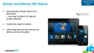 129
Deliver and Stream HD Videos
 Automatically detects device and
bandwidth
– Use best rendition for highest
quality playback
 Customize player branding
 CDN integration for fast and secure
delivery across the globe
Portal V.next
beta
 