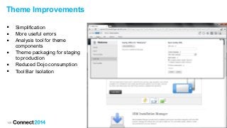 149
Theme Improvements
 Simplification
 More useful errors
 Analysis tool for theme
components
 Theme packaging for staging
to production
 Reduced Dojo consumption
 Tool Bar Isolation
 