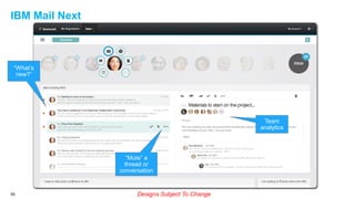 IBM Mail Next
55
Team
analytics
“What’s
new?”
“Mute” a
thread or
conversation
Designs Subject To Change
 