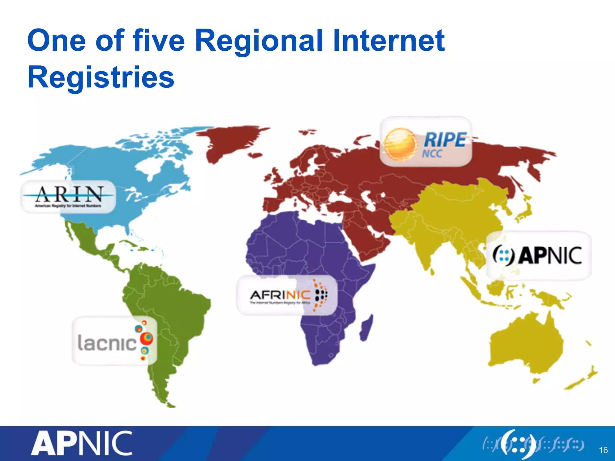 One of five Regional Internet 
Registries 
16 
 