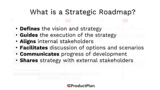 What is a Strategic Roadmap?
• Defines the vision and strategy
• Guides the execution of the strategy
• Aligns internal stakeholders
• Facilitates discussion of options and scenarios
• Communicates progress of development
• Shares strategy with external stakeholders
 