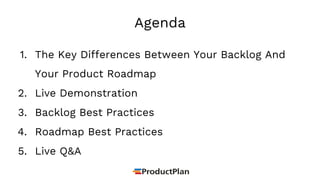 Agenda
1. The Key Differences Between Your Backlog And
Your Product Roadmap
2. Live Demonstration
3. Backlog Best Practices
4. Roadmap Best Practices
5. Live Q&A
 