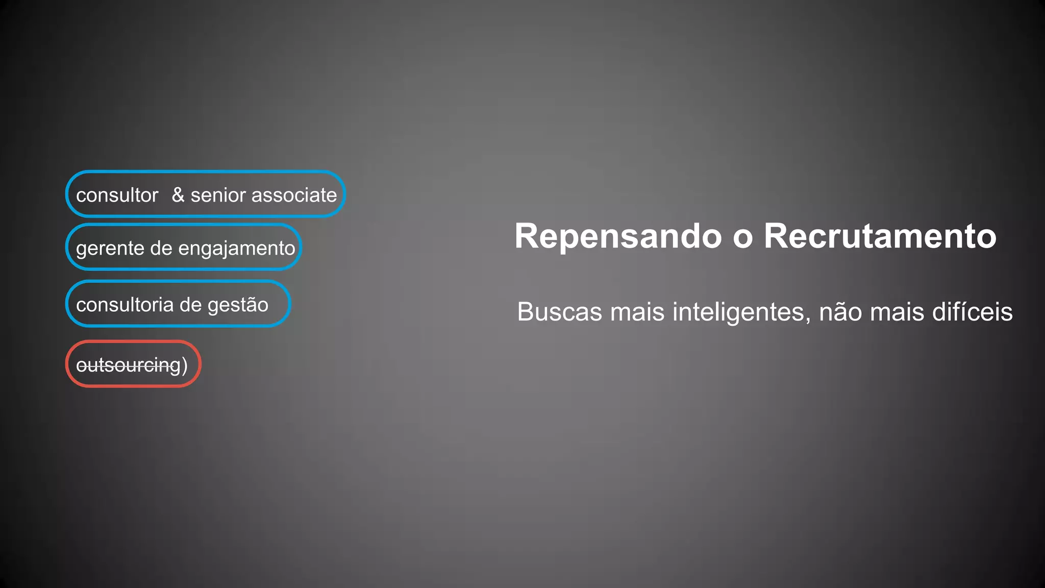 gerente de engajamento
consultoria de gestão
& senior associateconsultor
OR Repensando o Recrutamento
Buscas mais inteligentes, não mais difíceis
outsourcing)