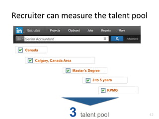 Recruiter	
  can	
  measure	
  the	
  talent	
  pool	
  
42	
  3 talent pool
Senior Accountant
Canada
KPMG
3 to 5 years
Calgary, Canada Area
Master’s Degree
 