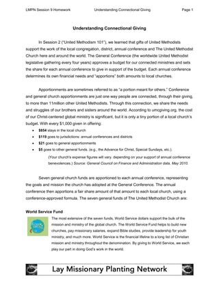 LMPN Session 9 Homework                     Understanding Connectional Giving                          Page 1




                              Understanding Connectional Giving


        In Session 2 (“United Methodism 101”), we learned that gifts of United Methodists
support the work of the local congregation, district, annual conference and The United Methodist
Church here and around the world. The General Conference (the worldwide United Methodist
legislative gathering every four years) approves a budget for our connected ministries and sets
the share for each annual conference to give in support of the budget. Each annual conference
determines its own financial needs and “apportions” both amounts to local churches.


        Apportionments are sometimes referred to as “a portion meant for others.” Conference
and general church apportionments are just one way people are connected, through their giving,
to more than 11million other United Methodists. Through this connection, we share the needs
and struggles of our brothers and sisters around the world. According to umcgiving.org, the cost
of our Christ-centered global ministry is significant, but it is only a tiny portion of a local church’s
budget. With every $1,000 given in offering:
    •   $854 stays in the local church
    •   $119 goes to jurisdictions: annual conferences and districts
    •   $21 goes to general apportionments
    •   $5 goes to other general funds. (e.g., the Advance for Christ, Special Sundays, etc.).

              (Your church's expense figures will vary. depending on your support of annual conference
              benevolences.) Source: General Council on Finance and Administration data, May 2010.



        Seven general church funds are apportioned to each annual conference, representing
the goals and mission the church has adopted at the General Conference. The annual
conference then apportions a fair share amount of that amount to each local church, using a
conference-approved formula. The seven general funds of The United Methodist Church are:


World Service Fund
                The most extensive of the seven funds, World Service dollars support the bulk of the
                mission and ministry of the global church. The World Service Fund helps to build new
                churches, pay missionary salaries, expand Bible studies, provide leadership for youth
                ministry, and much more. World Service is the financial lifeline to a long list of Christian
                mission and ministry throughout the denomination. By giving to World Service, we each
                play our part in doing God’s work in the world.
 