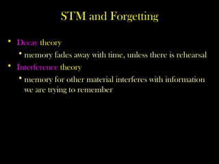 STM and Forgetting
• Decay theory
•memory fades away with time, unless there is rehearsal
• Interference theory
•memory for other material interferes with information
we are trying to remember
 