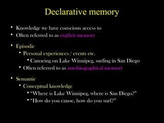 Declarative memory
• Knowledge we have conscious access to
• Often referred to as explicit memory
• Episodic
• Personal experiences / events etc.
•Canoeing on Lake Winnipeg, surfing in San Diego
• Often referred to as autobiographical memory
• Semantic
• Conceptual knowledge
•“Where is Lake Winnipeg, where is San Diego?”
•“How do you canoe, how do you surf?”
 