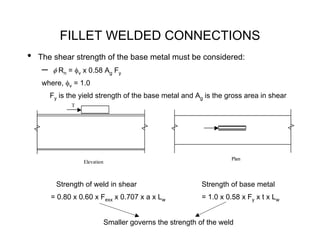 FILLET WELDED CONNECTIONS
•   The shear strength of the base metal must be considered:
    –   φ Rn = φv x 0.58 Ag Fy
    where, φv = 1.0
        Fy is the yield strength of the base metal and Ag is the gross area in shear
               T




                                                                      Plan
                   Elevation



          Strength of weld in shear                          Strength of base metal
        = 0.80 x 0.60 x Fexx x 0.707 x a x Lw                = 1.0 x 0.58 x Fy x t x Lw


                               Smaller governs the strength of the weld
 