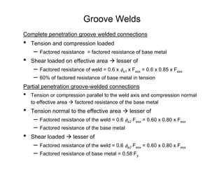 Groove Welds
Complete penetration groove welded connections
•   Tension and compression loaded
     – Factored resistance   = factored resistance of base metal
•   Shear loaded on effective area        lesser of
     – Factored resistance of weld = 0.6 x φe1 x Fexx = 0.6 x 0.85 x Fexx
     – 60% of factored resistance of base metal in tension
Partial penetration groove-welded connections
•   Tension or compression parallel to the weld axis and compression normal
    to effective area factored resistance of the base metal
•   Tension normal to the effective area        lesser of
     – Factored resistance of the weld = 0.6 φe2 Fexx = 0.60 x 0.80 x Fexx
     – Factored resistance of the base metal
•   Shear loaded       lesser of
     – Factored resistance of the weld = 0.6 φe2 Fexx = 0.60 x 0.80 x Fexx
     – Factored resistance of base metal = 0.58 Fy
 