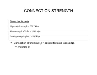 CONNECTION STRENGTH

Connection Strength

Slip-critical strength = 221.7 kips

Shear strength of bolts = 386.9 kips

Bearing strength (plate) = 892 kips


•   Connection strength (φRn) > applied factored loads (γQ).
      – Therefore ok
 
