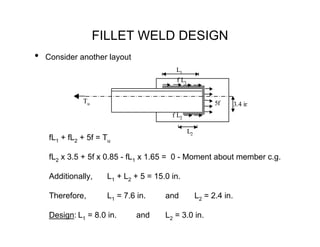 FILLET WELD DESIGN
•   Consider another layout
                                          L1
                                          f L1


              Tu                                            5f       3.4 in
                                         f L2

                                                 L2
    fL1 + fL2 + 5f = Tu

    fL2 x 3.5 + 5f x 0.85 - fL1 x 1.65 = 0 - Moment about member c.g.

    Additionally,     L1 + L2 + 5 = 15.0 in.

    Therefore,        L1 = 7.6 in.     and            L2 = 2.4 in.

    Design: L1 = 8.0 in.       and     L2 = 3.0 in.
 
