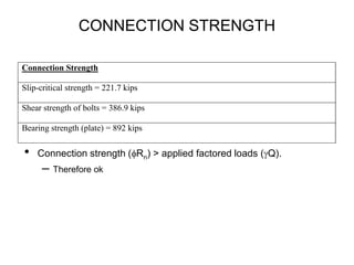 CONNECTION STRENGTH
• Connection strength (fRn) > applied factored loads (gQ).
– Therefore ok
Connection Strength
Slip-critical strength = 221.7 kips
Shear strength of bolts = 386.9 kips
Bearing strength (plate) = 892 kips
 