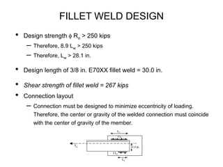 FILLET WELD DESIGN
• Design strength f Rn > 250 kips
– Therefore, 8.9 Lw > 250 kips
– Therefore, Lw > 28.1 in.
• Design length of 3/8 in. E70XX fillet weld = 30.0 in.
• Shear strength of fillet weld = 267 kips
• Connection layout
– Connection must be designed to minimize eccentricity of loading.
Therefore, the center or gravity of the welded connection must coincide
with the center of gravity of the member.
(d)
Tu
f L2
f L1
L1
L2
3.4 in.
(d)
Tu
f L2
f L1
L1
L2
3.4 in.
 