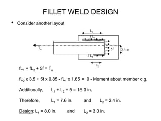 FILLET WELD DESIGN
• Consider another layout
(e)
Tu
f L2
L1
L2
f L1
5f 3.4 in.
(e)
Tu
f L2
L1
L2
f L1
5f 3.4 in.
fL1 + fL2 + 5f = Tu
fL2 x 3.5 + 5f x 0.85 - fL1 x 1.65 = 0 - Moment about member c.g.
Additionally, L1 + L2 + 5 = 15.0 in.
Therefore, L1 = 7.6 in. and L2 = 2.4 in.
Design: L1 = 8.0 in. and L2 = 3.0 in.
 