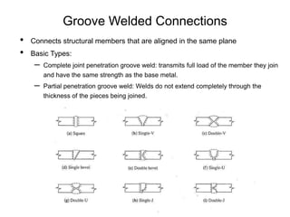 Groove Welded Connections
• Connects structural members that are aligned in the same plane
• Basic Types:
– Complete joint penetration groove weld: transmits full load of the member they join
and have the same strength as the base metal.
– Partial penetration groove weld: Welds do not extend completely through the
thickness of the pieces being joined.
 