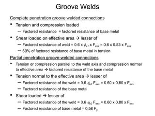 Groove Welds
Complete penetration groove welded connections
• Tension and compression loaded
– Factored resistance = factored resistance of base metal
• Shear loaded on effective area  lesser of
– Factored resistance of weld = 0.6 x fe1 x Fexx = 0.6 x 0.85 x Fexx
– 60% of factored resistance of base metal in tension
Partial penetration groove-welded connections
• Tension or compression parallel to the weld axis and compression normal
to effective area  factored resistance of the base metal
• Tension normal to the effective area  lesser of
– Factored resistance of the weld = 0.6 fe2 Fexx = 0.60 x 0.80 x Fexx
– Factored resistance of the base metal
• Shear loaded  lesser of
– Factored resistance of the weld = 0.6 fe2 Fexx = 0.60 x 0.80 x Fexx
– Factored resistance of base metal = 0.58 Fy
 