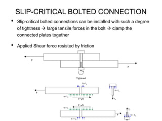 SLIP-CRITICAL BOLTED CONNECTION
• Slip-critical bolted connections can be installed with such a degree
of tightness  large tensile forces in the bolt  clamp the
connected plates together
• Applied Shear force resisted by friction
Tightened
P
P
Tightened
Tightened
P
P
P
P
Tb
N =Tb
N =Tb
N =Tb
P
F=mN
Tb
N = Tb
F=mN
N = Tb
N =Tb
P
Tb
N =Tb
Tb
N =Tb
N =Tb
N =Tb
P
F=mN
N =Tb
N =Tb
P
F=mN
Tb
N = Tb
Tb
N = Tb
F=mN
N = Tb
N =Tb
P
F=mN
N = Tb
N =Tb
N = Tb
N =Tb
P
 