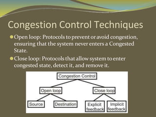 Congestion Control Techniques
⚫Open loop: Protocols topreventoravoid congestion,
ensuring that the system never enters a Congested
State.
⚫Close loop: Protocols thatallowsystem toenter
congested state, detect it, and remove it.
 