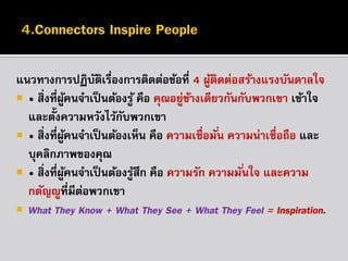 แนวทำงกำรปฏิบตเรื่องกำรติดต่อข้อที่ 4 ผูตดต่อสร้ำงแรงบันดำลใจ
ั ิ
้ ิ
 • สิ่งที่ผคนจำเป็ นต้องรู ้ คือ คุณอยูขำงเดียวกันกับพวกเขำ เข้ำใจ
ู้
่ ้
และตั้งควำมหวังไว้กบพวกเขำ
ั
 • สิ่งที่ผคนจำเป็ นต้องเห็น คือ ควำมเชื่อมั ่น ควำมน่ำเชื่อถือ และ
ู้
บุคลิกภำพของคุณ
 • สิ่งที่ผคนจำเป็ นต้องรูสก คือ ควำมรัก ควำมมั ่นใจ และควำม
ู้
้ึ
กตัญญูที่มีตอพวกเขำ
่
 What They Know + What They See + What They Feel = Inspiration.

 