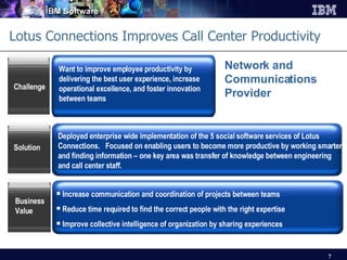 Lotus Connections Improves Call Center Productivity Want to improve employee productivity by delivering the best user experience, increase operational excellence, and foster innovation between teams Challenge Increase communication and coordination of projects between teams Reduce time required to find the correct people with the right expertise  Improve collective intelligence of organization by sharing experiences Business Value Deployed enterprise wide implementation of the 5 social software services of Lotus Connections.  Focused on enabling users to become more productive by working smarter and finding information – one key area was transfer of knowledge between engineering and call center staff.  Solution Network and  Communications  Provider 
