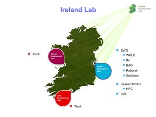 Ireland Lab




                                     SWG
            Tivoli                       WPLC
                                          IM
                                          BAO
                                          Rational
                                          Solutions

                                     Research/STG
                                          HPC
                                     CIO



07/08/11
                         Tivoli                       2
 
