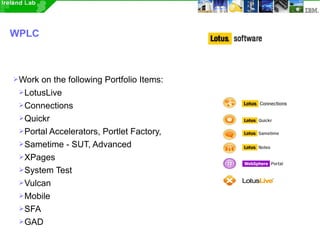 WPLC



➢ Work on the following Portfolio Items:
 ➢ LotusLive
 ➢ Connections
 ➢ Quickr
 ➢ Portal Accelerators, Portlet Factory,
 ➢ Sametime - SUT, Advanced
 ➢ XPages
 ➢ System Test
 ➢ Vulcan
 ➢ Mobile
 ➢ SFA
 ➢ GAD
                                                              3
                                           © 2009 IBM Corporation
 
