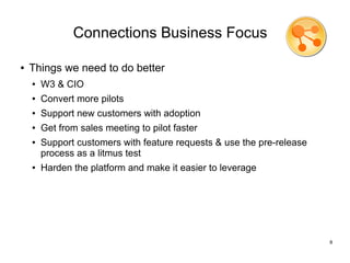 Connections Business Focus

●   Things we need to do better
    ●   W3 & CIO
    ●   Convert more pilots
    ●   Support new customers with adoption
    ●   Get from sales meeting to pilot faster
    ●   Support customers with feature requests & use the pre-release
        process as a litmus test
    ●   Harden the platform and make it easier to leverage




                                                                        8
 