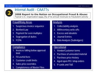 ACL Global User Conference 2009                                                       Copyright © 2009 ACL Services Ltd.   9




                 Internal Audit - CAATTs
  2              2008 Report to the Nation on Occupational Fraud & Abuse:
                 Typical U.S. organization loses 7% of its annual revenues to fraudulent activity


            Fraud/Risky Areas                             Analysis
            1.    Suspicious invoice sequence              1.   Collectability analysis
            2.    Benford Law                              2.   AR/Inventory write-offs
            3.    Payment for even multiples               3.   Excess and obsolete
            4.    Segregation of duties                    4.   Journal Entries
            5.    FCPA                                     5.   Data Analysis (Subledgers)

            Compliance                                     Operational
            1. Invoices falling below approval             1.   Vendor/Customer terms
               limit                                       2.   Purchase of unneeded material
            2. FA useful lives                             3.   Purchase price history
            3. Customer credit limits                      4.   Aged open PO / shop orders
            4. Sales price overrides                       5.   P-cards and T&E
            5. Completeness of Master Files
 