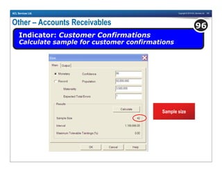 Copyright © 2010 ACL Services Ltd. 100ACL Services Ltd.
Other – Accounts Receivables
Indicator: Customer Confirmations
Calculate sample for customer confirmations
96
Sample size
 