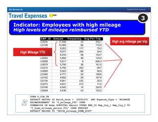 Copyright © 2010 ACL Services Ltd. 7ACL Services Ltd.
Travel Expenses
Indicator: Employees with high mileage
High levels of mileage reimbursed YTD
3
EMP_ID Amount Frequency Avg Per T rip
C3239 17,558 33 532.1
U0106 10,385 94 110.5
U0108 9,263 117 79.2
C3318 9,077 264 34.4
U0007 8,916 58 153.7
U0063 5,904 48 123.0
U0006 5,817 9 646.3
U0075 5,795 36 161.0
C3319 5,792 202 28.7
U0065 5,003 88 56.9
C3348 4,771 24 198.8
U0162 4,692 28 167.6
C2139 4,641 232 20.0
C3273 4,631 412 11.2
U0160 4,545 14 324.6
U0044 4,436 43 103.2
High Mileage YTD
High avg mileage per trip
OPEN P_CON_TE
EXTRACT RECORD IF Batch_Date > `20091231` AND Expense_Type = "MILEAGE
REIMBURSEMENT" TO "T_mileage_YTD" OPEN
SUMMARIZE ON Name SUBTOTAL Amount OTHER EMP_ID Emp_Org_1 Emp_Org_2 TO
"T_Summ_mileage_person.FIL" OPEN PRESORT
EXTRACT RECORD TO "TE03B_mileage_SUMM_HIST"
 