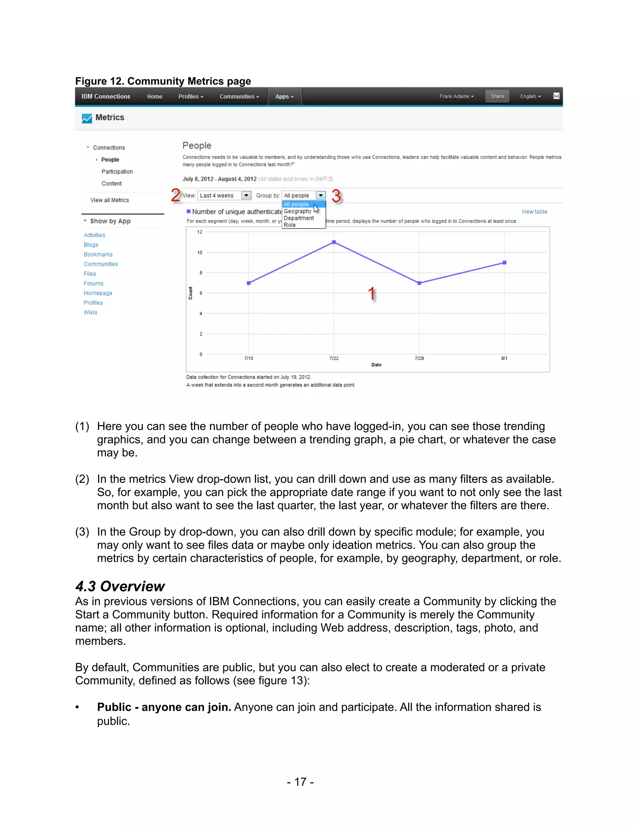 Figure 12. Community Metrics page




(1) Here you can see the number of people who have logged-in, you can see those trending
    graphics, and you can change between a trending graph, a pie chart, or whatever the case
    may be.

(2) In the metrics View drop-down list, you can drill down and use as many filters as available.
    So, for example, you can pick the appropriate date range if you want to not only see the last
    month but also want to see the last quarter, the last year, or whatever the filters are there.

(3) In the Group by drop-down, you can also drill down by specific module; for example, you
    may only want to see files data or maybe only ideation metrics. You can also group the
    metrics by certain characteristics of people, for example, by geography, department, or role.

4.3 Overview
As in previous versions of IBM Connections, you can easily create a Community by clicking the
Start a Community button. Required information for a Community is merely the Community
name; all other information is optional, including Web address, description, tags, photo, and
members.

By default, Communities are public, but you can also elect to create a moderated or a private
Community, defined as follows (see figure 13):

•   Public - anyone can join. Anyone can join and participate. All the information shared is
    public.




                                          - 17 -
 