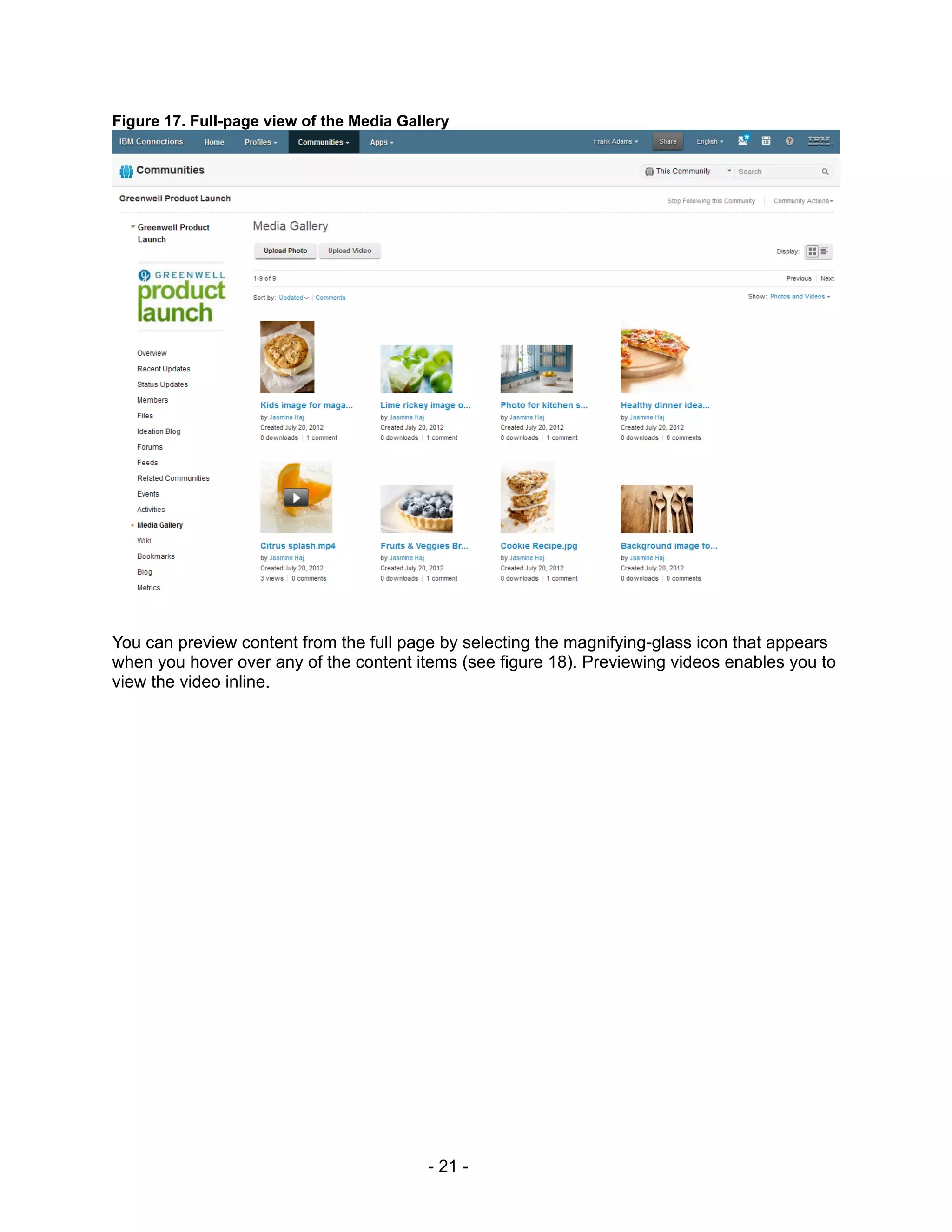 Figure 17. Full-page view of the Media Gallery




You can preview content from the full page by selecting the magnifying-glass icon that appears
when you hover over any of the content items (see figure 18). Previewing videos enables you to
view the video inline.




                                           - 21 -
 