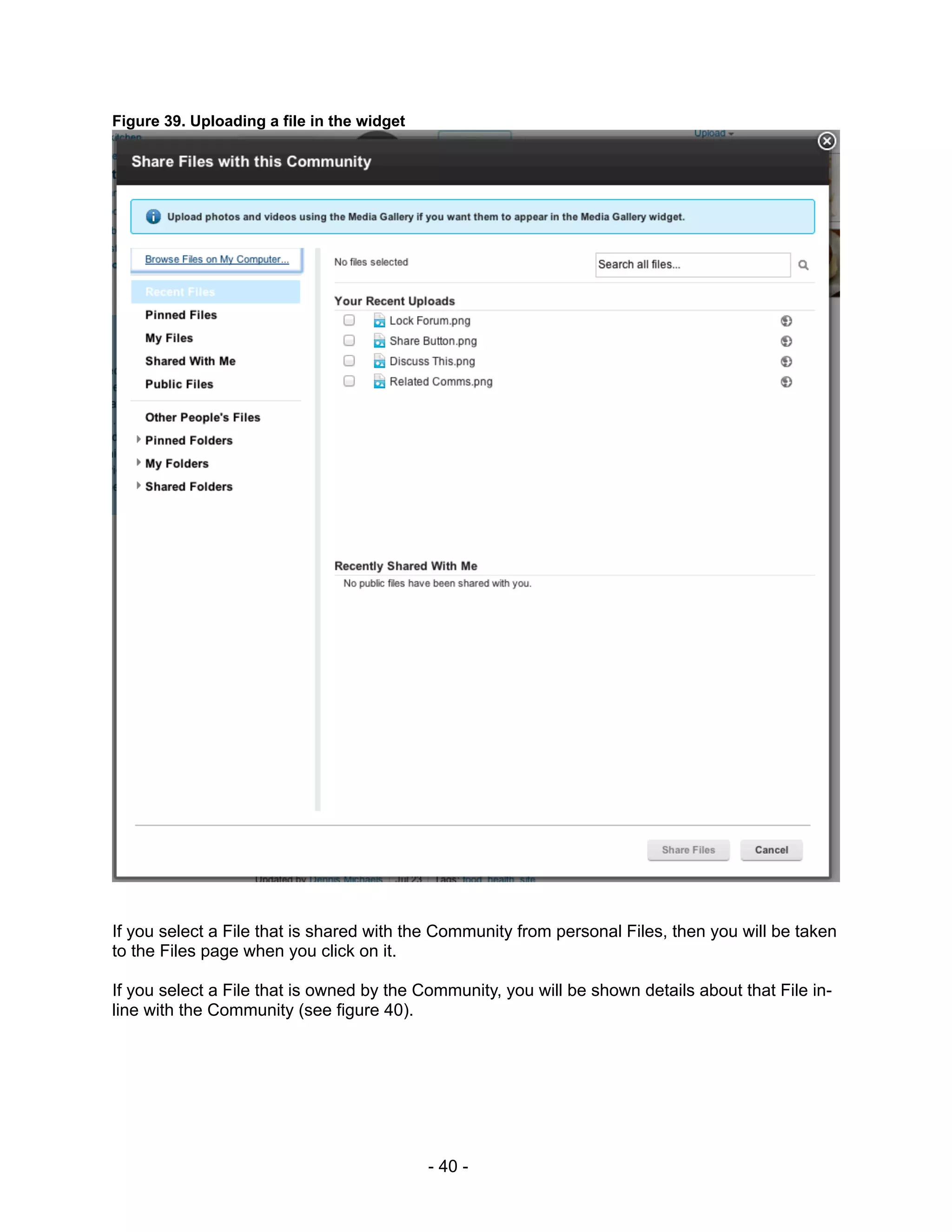 Figure 39. Uploading a file in the widget




If you select a File that is shared with the Community from personal Files, then you will be taken
to the Files page when you click on it.

If you select a File that is owned by the Community, you will be shown details about that File in-
line with the Community (see figure 40).




                                            - 40 -
 