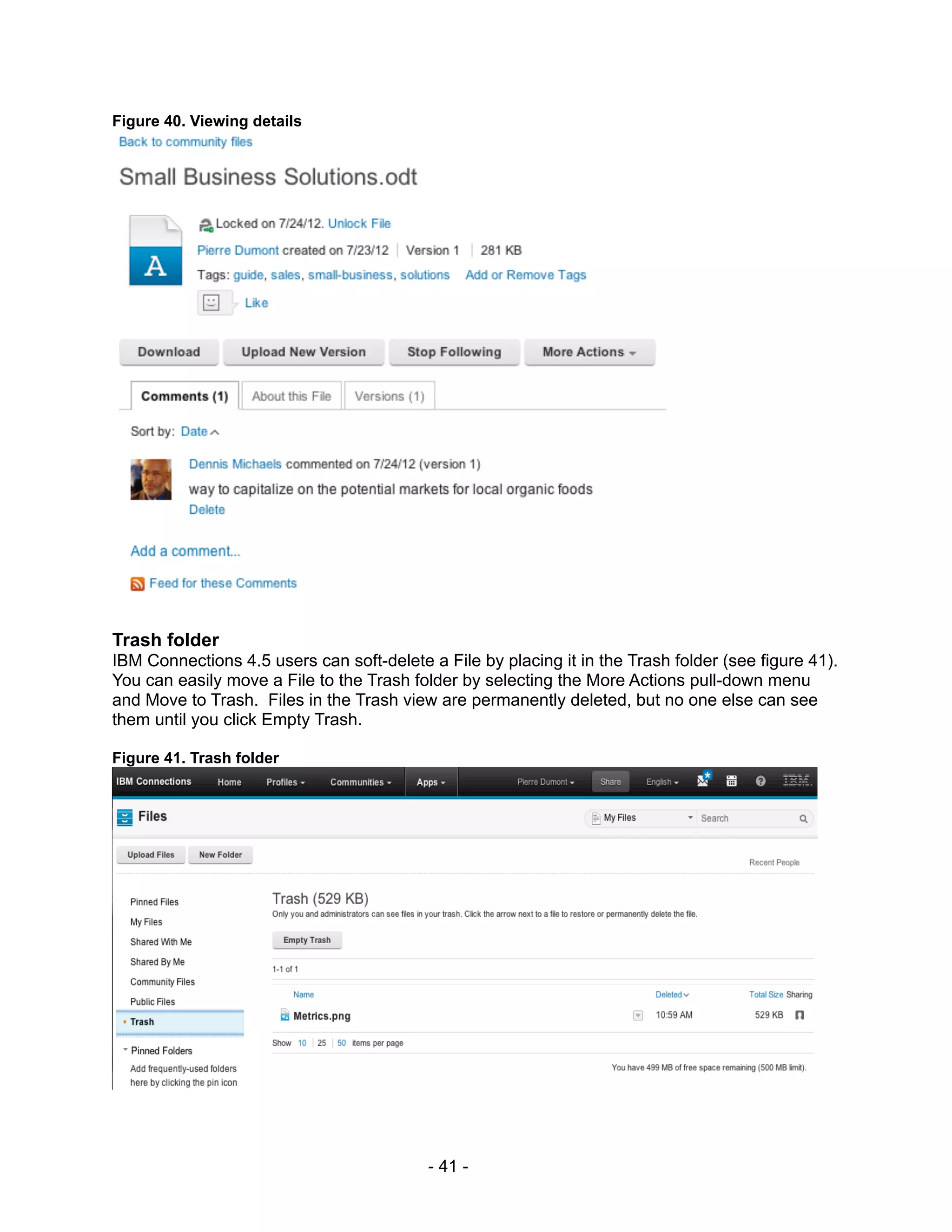 Figure 40. Viewing details




Trash folder
IBM Connections 4.5 users can soft-delete a File by placing it in the Trash folder (see figure 41).
You can easily move a File to the Trash folder by selecting the More Actions pull-down menu
and Move to Trash. Files in the Trash view are permanently deleted, but no one else can see
them until you click Empty Trash.

Figure 41. Trash folder




                                           - 41 -
 