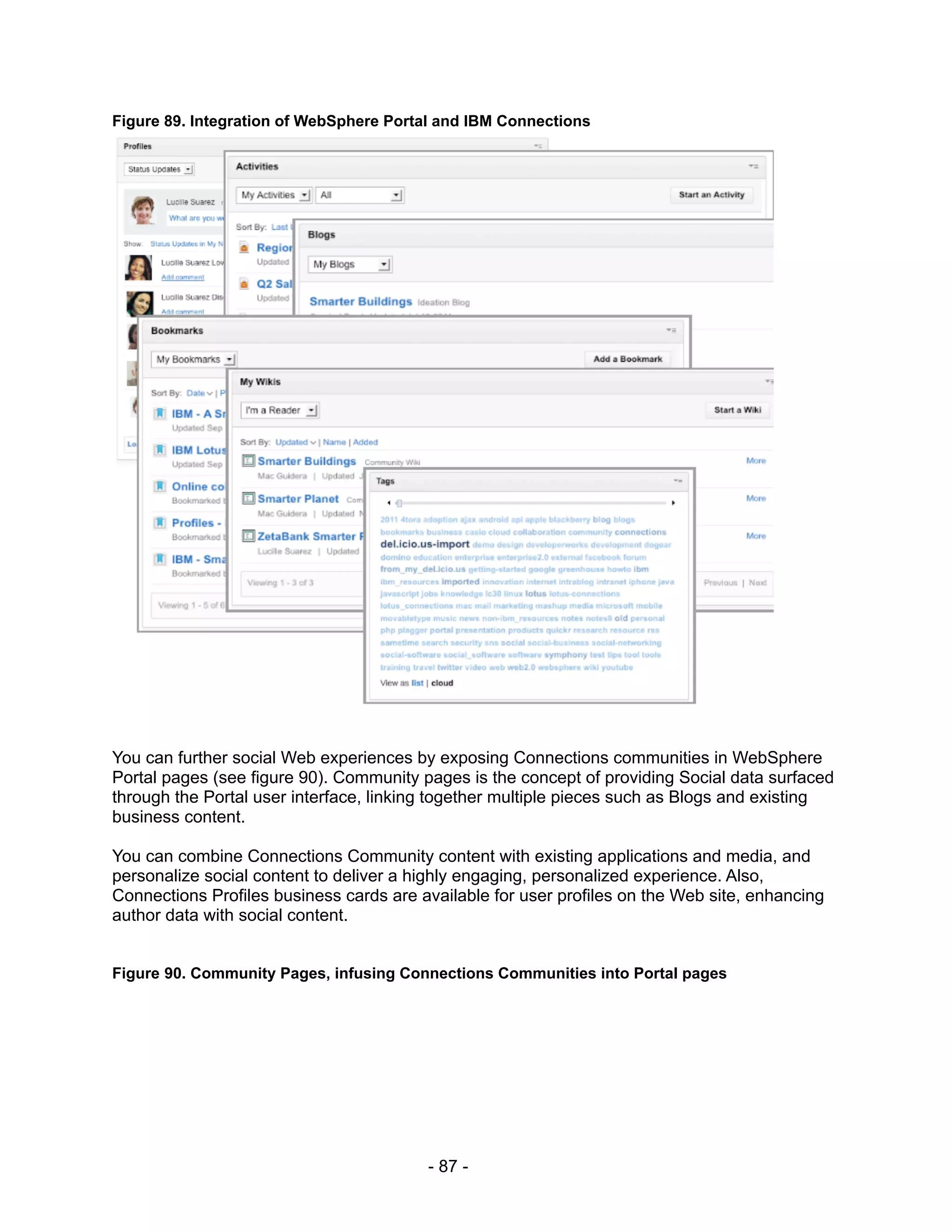 Figure 89. Integration of WebSphere Portal and IBM Connections




You can further social Web experiences by exposing Connections communities in WebSphere
Portal pages (see figure 90). Community pages is the concept of providing Social data surfaced
through the Portal user interface, linking together multiple pieces such as Blogs and existing
business content.

You can combine Connections Community content with existing applications and media, and
personalize social content to deliver a highly engaging, personalized experience. Also,
Connections Profiles business cards are available for user profiles on the Web site, enhancing
author data with social content.


Figure 90. Community Pages, infusing Connections Communities into Portal pages




                                         - 87 -
 