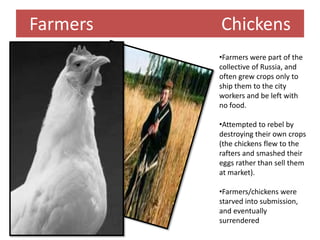 Farmers   Chickens
          •Farmers were part of the
          collective of Russia, and
          often grew crops only to
          ship them to the city
          workers and be left with
          no food.

          •Attempted to rebel by
          destroying their own crops
          (the chickens flew to the
          rafters and smashed their
          eggs rather than sell them
          at market).

          •Farmers/chickens were
          starved into submission,
          and eventually
          surrendered
 