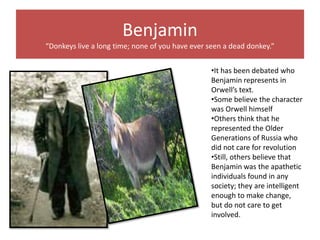 Benjamin
“Donkeys live a long time; none of you have ever seen a dead donkey.”


                                                 •It has been debated who
                                                 Benjamin represents in
                                                 Orwell’s text.
                                                 •Some believe the character
                                                 was Orwell himself
                                                 •Others think that he
                                                 represented the Older
                                                 Generations of Russia who
                                                 did not care for revolution
                                                 •Still, others believe that
                                                 Benjamin was the apathetic
                                                 individuals found in any
                                                 society; they are intelligent
                                                 enough to make change,
                                                 but do not care to get
                                                 involved.
 
