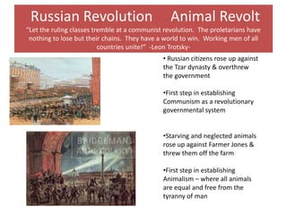 Russian Revolution                              Animal Revolt
“Let the ruling classes tremble at a communist revolution. The proletarians have
 nothing to lose but their chains. They have a world to win. Working men of all
                          countries unite!” -Leon Trotsky-
                                              • Russian citizens rose up against
                                              the Tzar dynasty & overthrew
                                              the government

                                              •First step in establishing
                                              Communism as a revolutionary
                                              governmental system


                                              •Starving and neglected animals
                                              rose up against Farmer Jones &
                                              threw them off the farm

                                              •First step in establishing
                                              Animalism – where all animals
                                              are equal and free from the
                                              tyranny of man
 