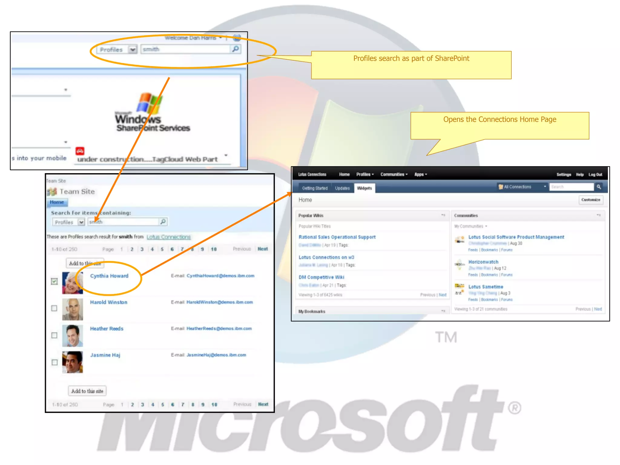 Profiles search as part of SharePoint




                            Opens the Connections Home Page
 
