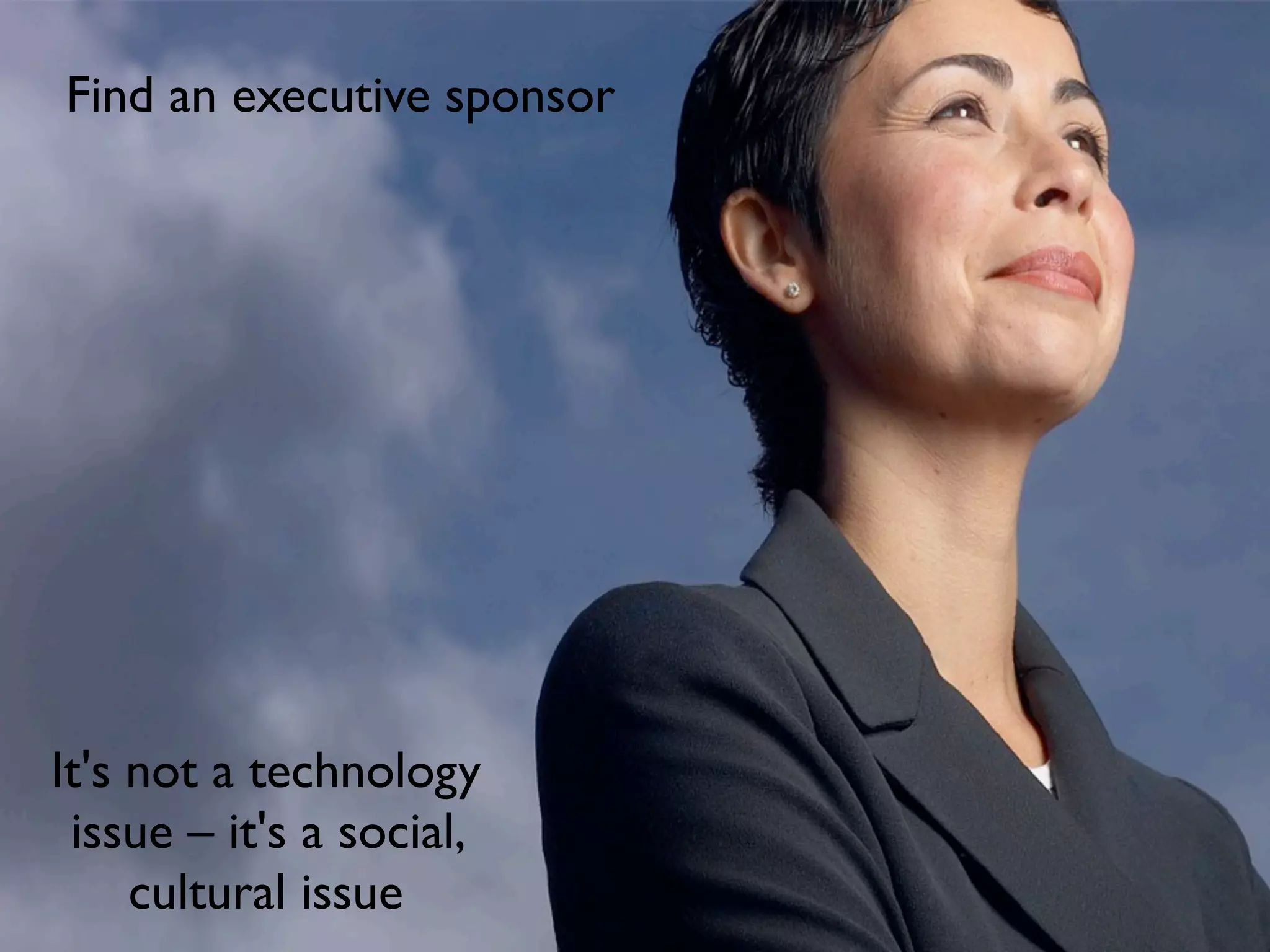 Find an executive sponsor




It's not a technology
 issue – it's a social,
     cultural issue
 