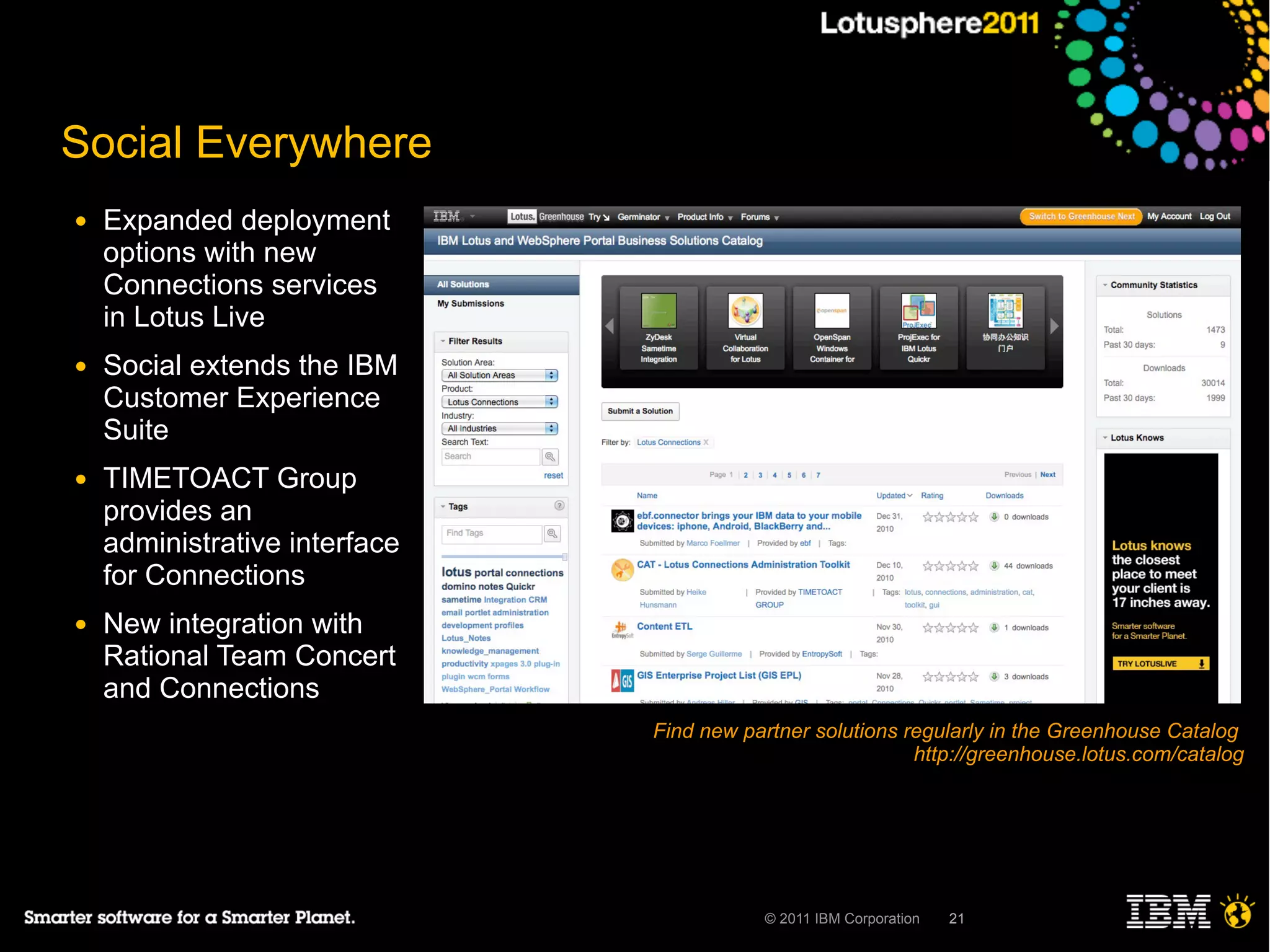 Social Everywhere
●   Expanded deployment
    options with new
    Connections services
    in Lotus Live
●   Social extends the IBM
    Customer Experience
    Suite
●   TIMETOACT Group
    provides an
    administrative interface
    for Connections
●   New integration with
    Rational Team Concert
    and Connections
                               Find new partner solutions regularly in the Greenhouse Catalog
                                                           http://greenhouse.lotus.com/catalog




                                          © 2011 IBM Corporation   21
 
