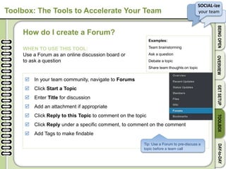 v
SOCIAL-ize
your team
BEINGOPENOVERVIEWGETSETUPTOOLBOXDAY-to-DAY
Toolbox: The Tools to Accelerate Your Team
How do I create a Forum?
WHEN TO USE THIS TOOL:
Use a Forum as an online discussion board or
to ask a question
 In your team community, navigate to Forums
 Click Start a Topic
 Enter Title for discussion
 Add an attachment if appropriate
 Click Reply to this Topic to comment on the topic
 Click Reply under a specific comment, to comment on the comment
 Add Tags to make findable
Examples:
Team brainstorming
Ask a question
Debate a topic
Share team thoughts on topic
Tip: Use a Forum to pre-discuss a
topic before a team call
 