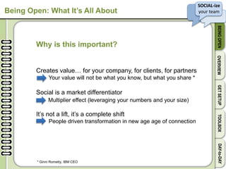 SOCIAL-ize
your team
BEINGOPENOVERVIEWGETSETUPTOOLBOXDAY-to-DAY
Being Open: What It’s All About
Why is this important?
Creates value… for your company, for clients, for partners
Your value will not be what you know, but what you share *
Social is a market differentiator
Multiplier effect (leveraging your numbers and your size)
It’s not a lift, it’s a complete shift
People driven transformation in new age age of connection
* Ginni Rometty, IBM CEO
 