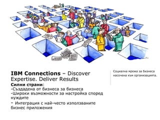 Социална мрежа за бизнеса
IBM Connections – Discover                насочена към организацията.
Expertise. Deliver Results
Силни страни:
-Създадена от бизнеса за бизнеса
-Широки възможности за настройка според
нуждите
- Интеграция с най-често използваните
бизнес приложения
 