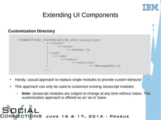 Extending UI Components
Packaged Extension Bundle
● A self-contained bundle that can inject custom Javascript into a Conne...