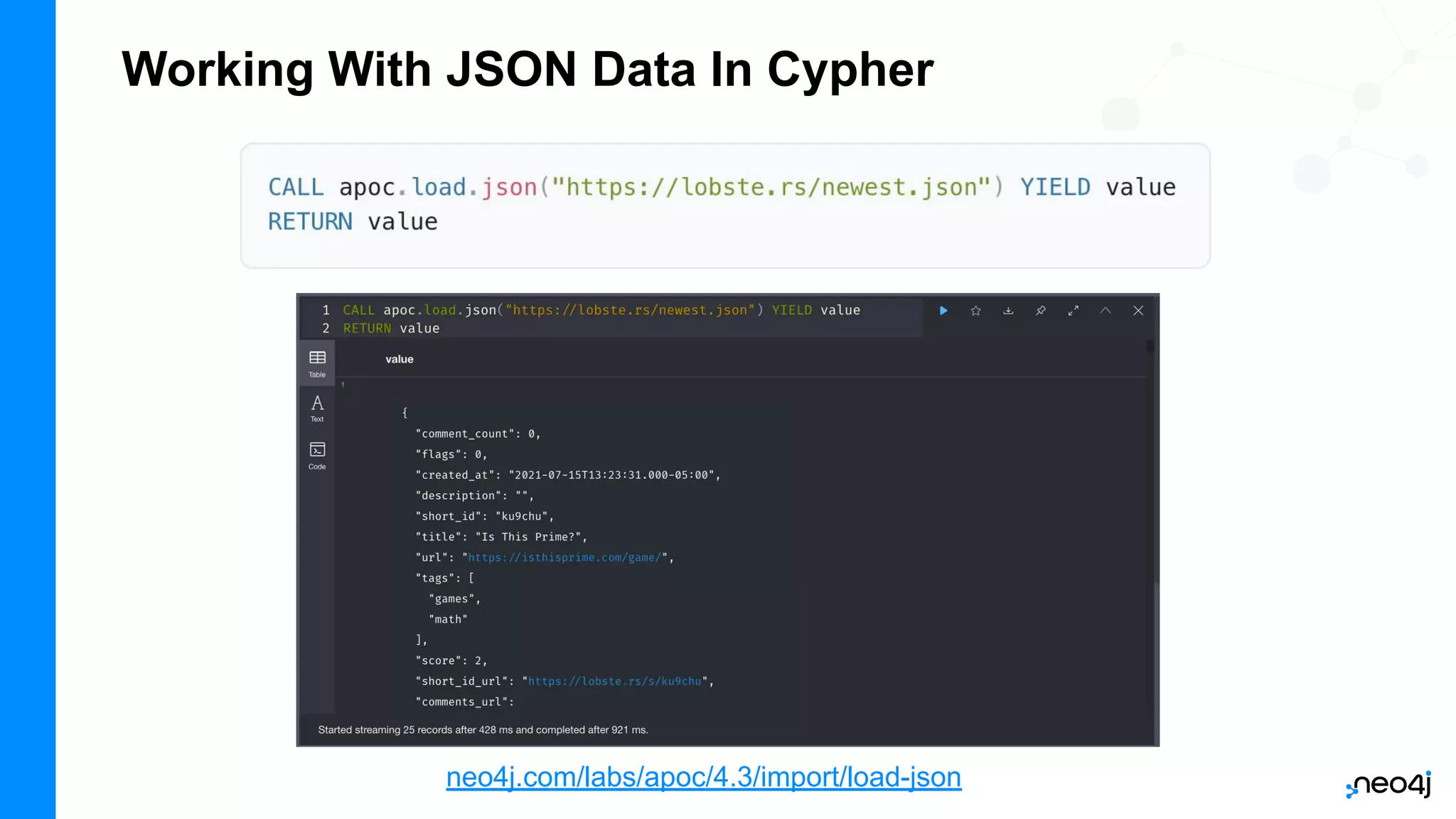 Working With JSON Data In Cypher
neo4j.com/labs/apoc/4.3/import/load-json
 