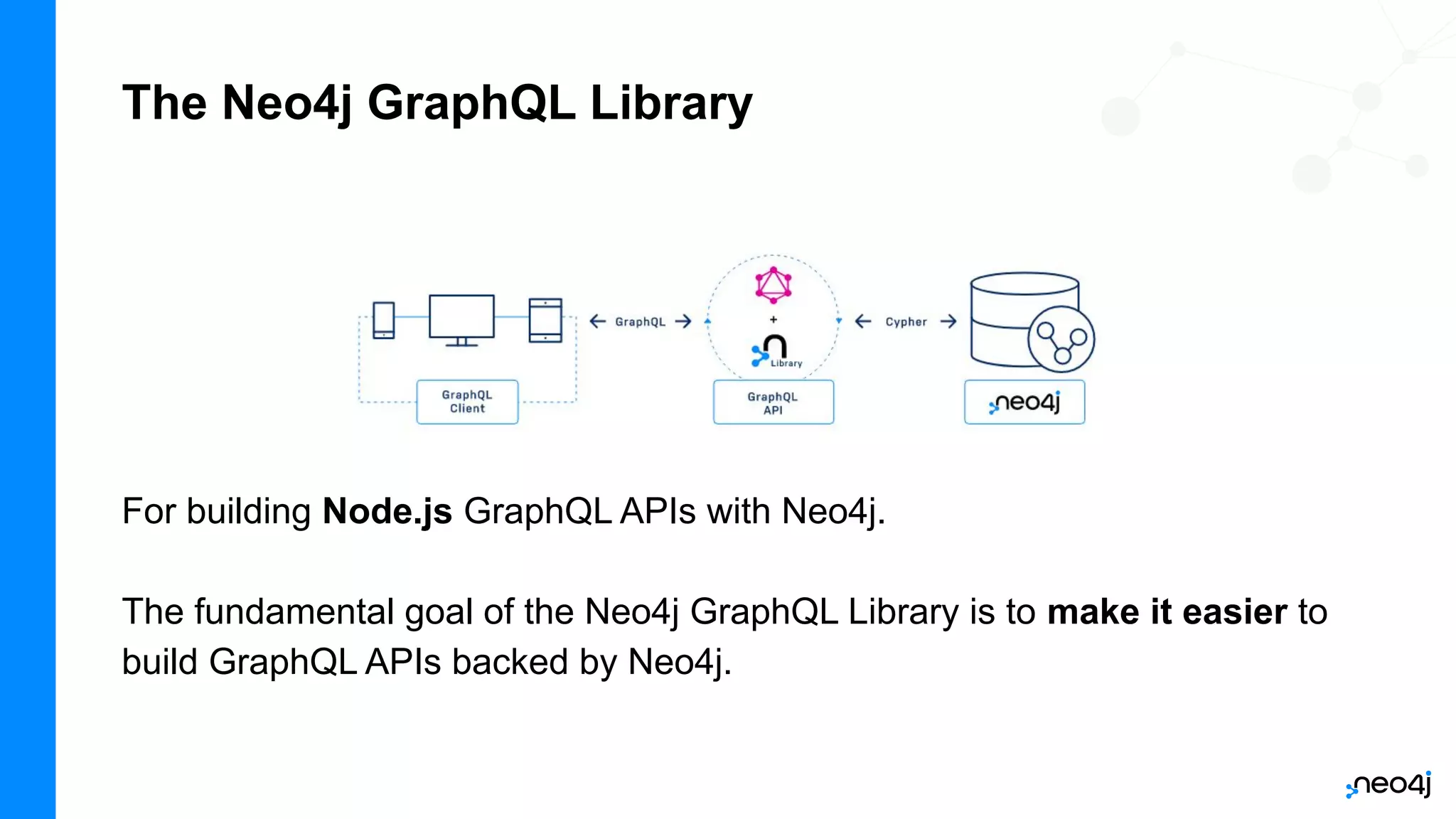 The Neo4j GraphQL Library
For building Node.js GraphQL APIs with Neo4j.
The fundamental goal of the Neo4j GraphQL Library is to make it easier to
build GraphQL APIs backed by Neo4j.
 
