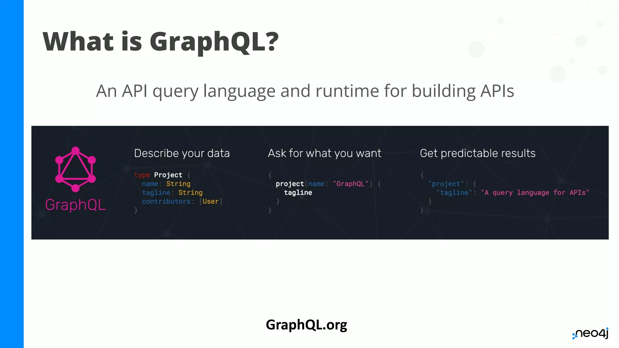 What is GraphQL?
GraphQL.org
An API query language and runtime for building APIs
 