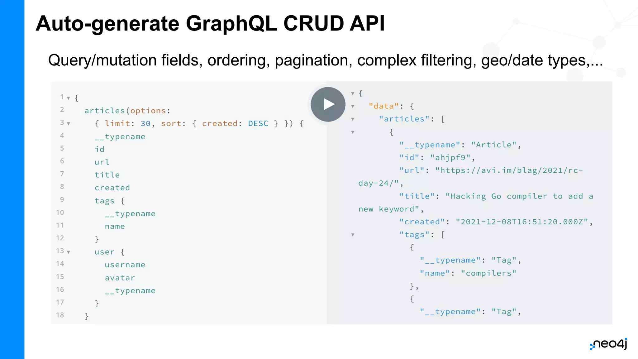 Auto-generate GraphQL CRUD API
Query/mutation fields, ordering, pagination, complex filtering, geo/date types,...
 