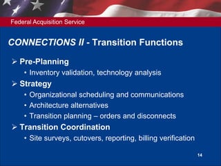 Federal Acquisition Service
14
CONNECTIONS II - Transition Functions
 Pre-Planning
• Inventory validation, technology analysis
 Strategy
• Organizational scheduling and communications
• Architecture alternatives
• Transition planning – orders and disconnects
 Transition Coordination
• Site surveys, cutovers, reporting, billing verification
 